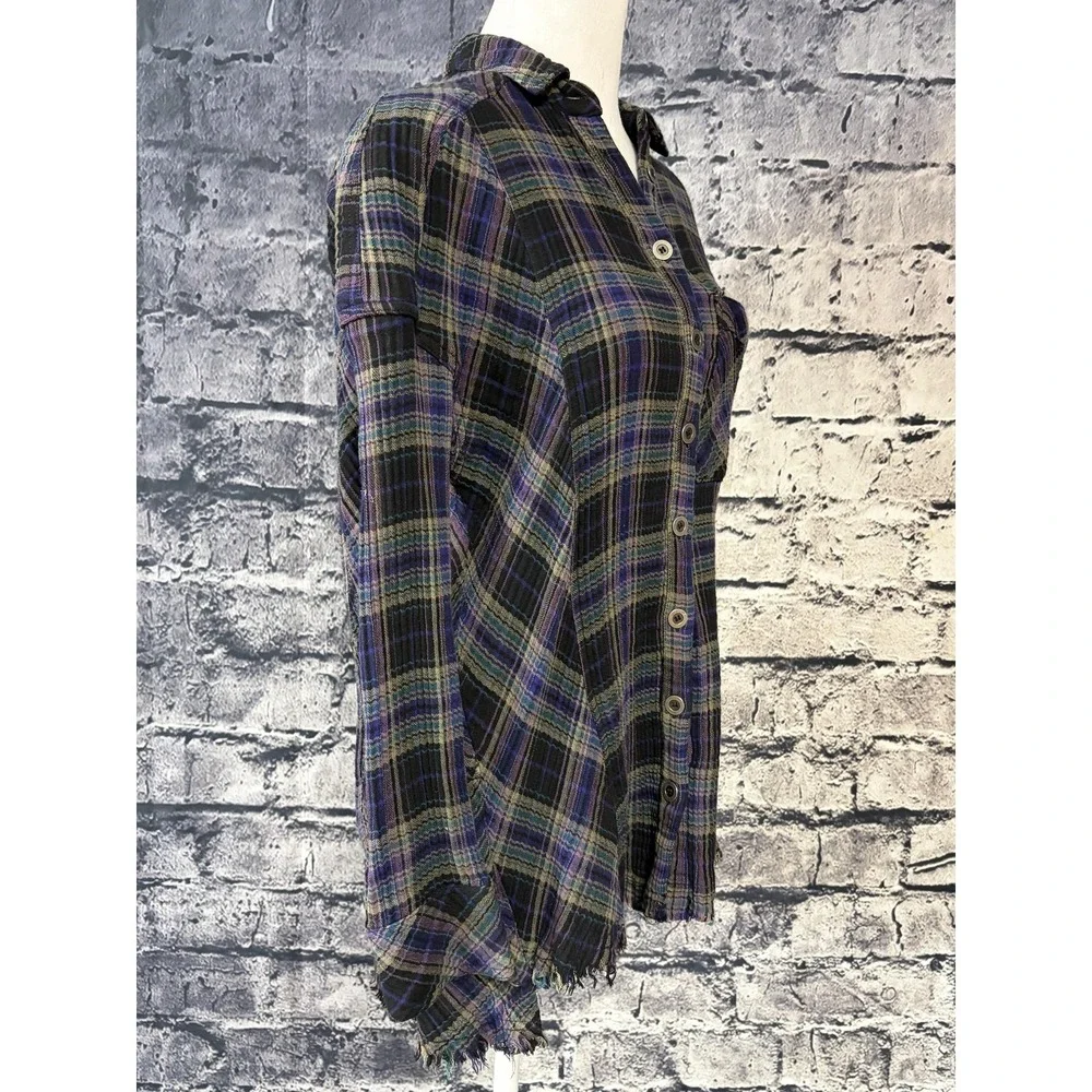 Free People Shirt Womens XS Purple Plaid Button Front Frayed Hem Tunic‎ Top